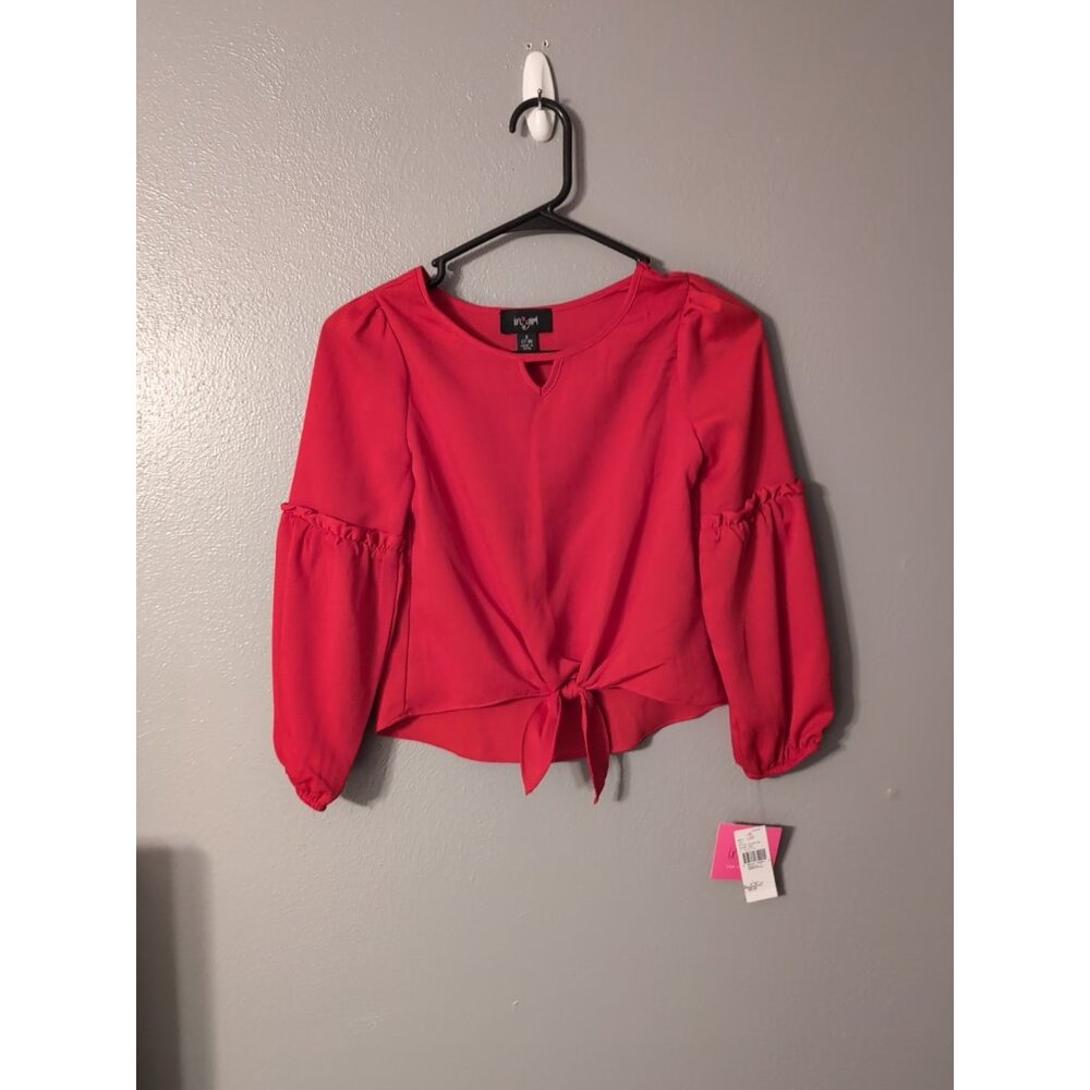 I.N. Girl Twilight Blink Red Tie Hem Long Sleeve Blouse Girls Size S 7-8 NWT